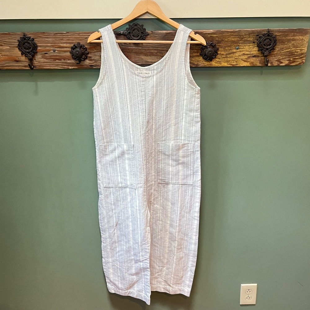 COLO / PALO Womens Striped Sleeveless Wide Leg Jumpsuit Made in USA White Blue